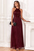 Load image into Gallery viewer, Sparkly Halter Burgundy Party Dress with Open Back