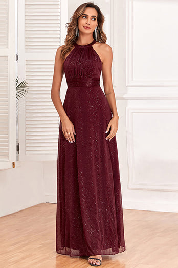 Sparkly Halter Burgundy Party Dress with Open Back