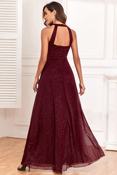 Sparkly Halter Burgundy Party Dress with Open Back