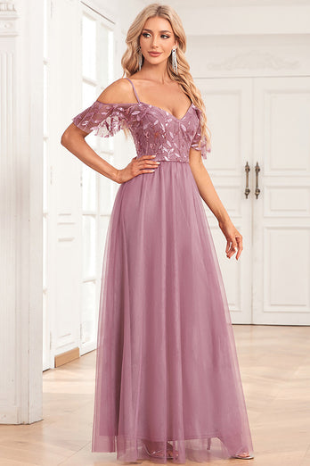 A-Line Cold Shoulder Dusty Rose Formal Dress