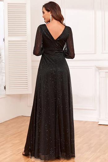 Glitter A-Line Long Sleeves Black Mother of The Bride Dress with Slit