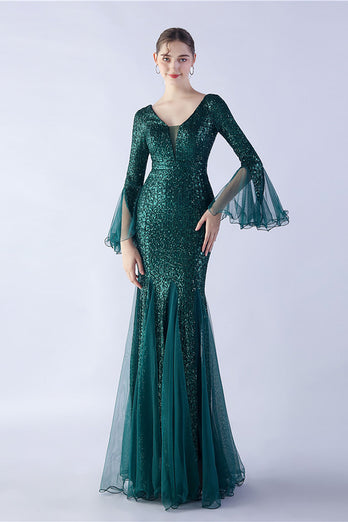 Dark Green Sequin V-neck Long Sleeves Mermaid Formal Dress