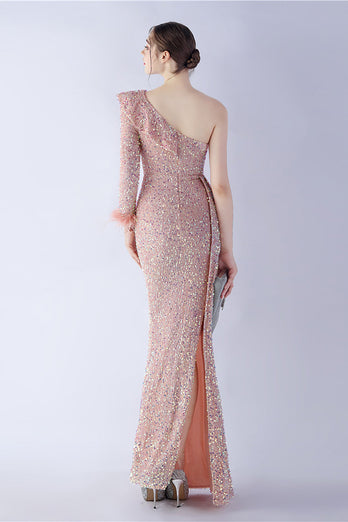 Mermaid One Shoulder Sequin Formal Dress With Feathers