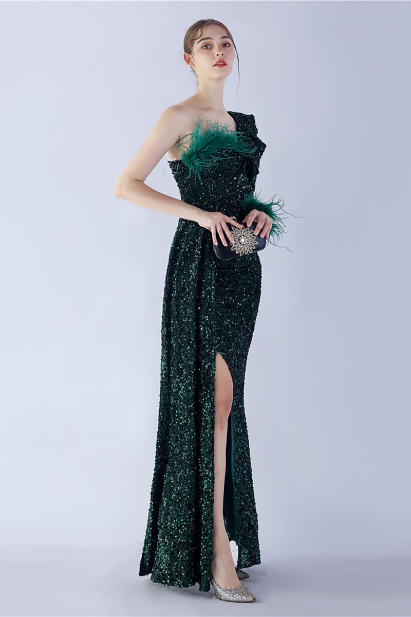 Load image into Gallery viewer, Mermaid One Shoulder Sequin Formal Dress With Feathers