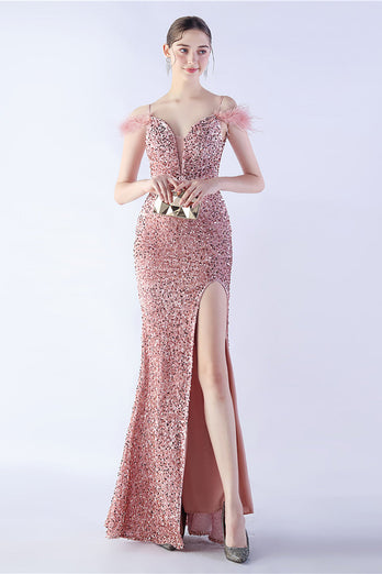 Mermaid Spaghetti Straps Sequin Formal Evening Dress With Feathers