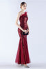 Load image into Gallery viewer, Burgundy Mermaid One Shoulder Mesh and Beaded Evening Dress With Feathers