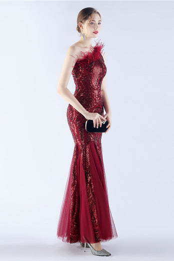 Burgundy Mermaid One Shoulder Mesh and Beaded Evening Dress With Feathers