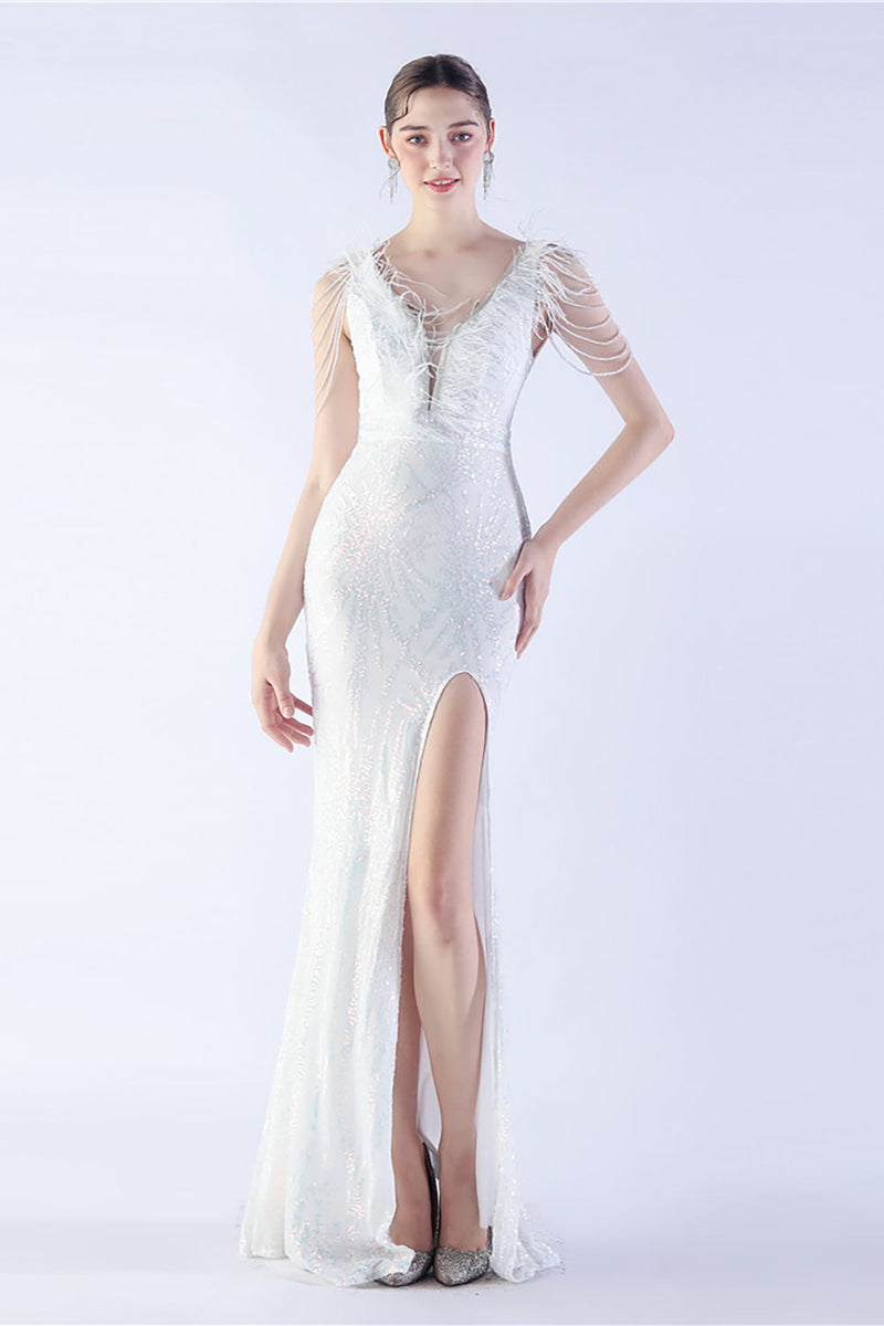 Load image into Gallery viewer, Lilac Mermaid V Neck Sequin and Beaded Ostrich Feathers Evening Dress With Slit