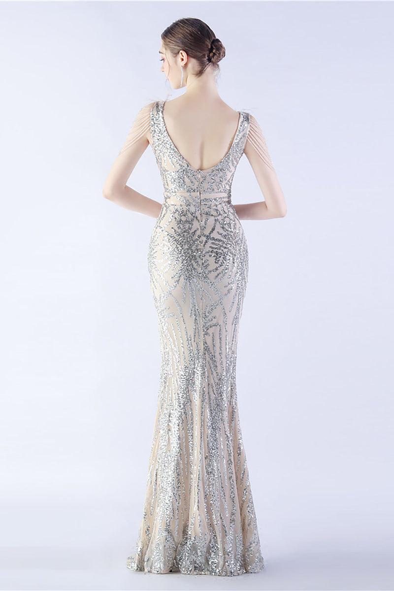 Load image into Gallery viewer, Lilac Mermaid V Neck Sequin and Beaded Ostrich Feathers Evening Dress With Slit