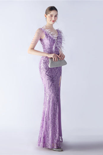 Lilac Mermaid V Neck Sequin and Beaded Ostrich Feathers Evening Dress With Slit