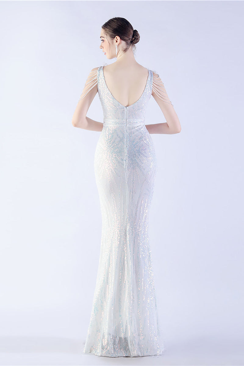 Load image into Gallery viewer, Lilac Mermaid V Neck Sequin and Beaded Ostrich Feathers Evening Dress With Slit