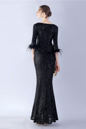 Navy Sequin V-neck Half Sleeves Sheath Formal Dress with Feather