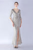 Load image into Gallery viewer, Navy Sequin V-neck Half Sleeves Sheath Formal Dress with Feather