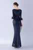 Load image into Gallery viewer, Navy Sequin V-neck Half Sleeves Sheath Formal Dress with Feather