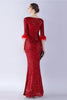 Load image into Gallery viewer, Navy Sequin V-neck Half Sleeves Sheath Formal Dress with Feather