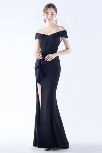 Navy Off the Shoulder Mermaid Crepe Formal Dress with Slit