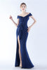 Load image into Gallery viewer, Navy Off the Shoulder Mermaid Crepe Formal Dress with Slit