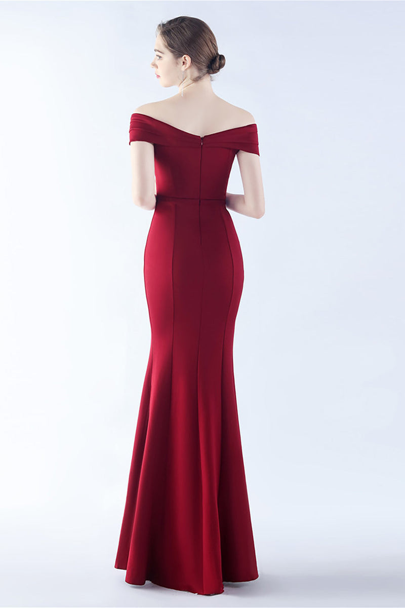 Load image into Gallery viewer, Navy Off the Shoulder Mermaid Crepe Formal Dress with Slit