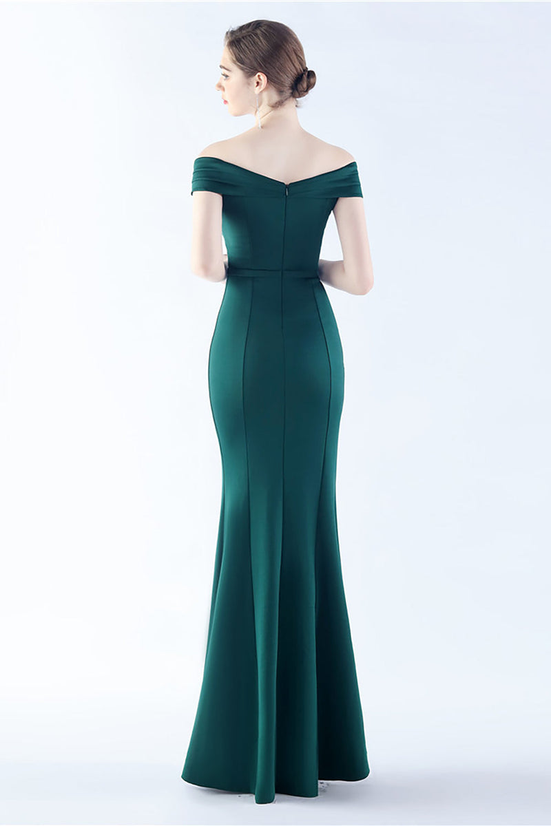 Load image into Gallery viewer, Navy Off the Shoulder Mermaid Crepe Formal Dress with Slit