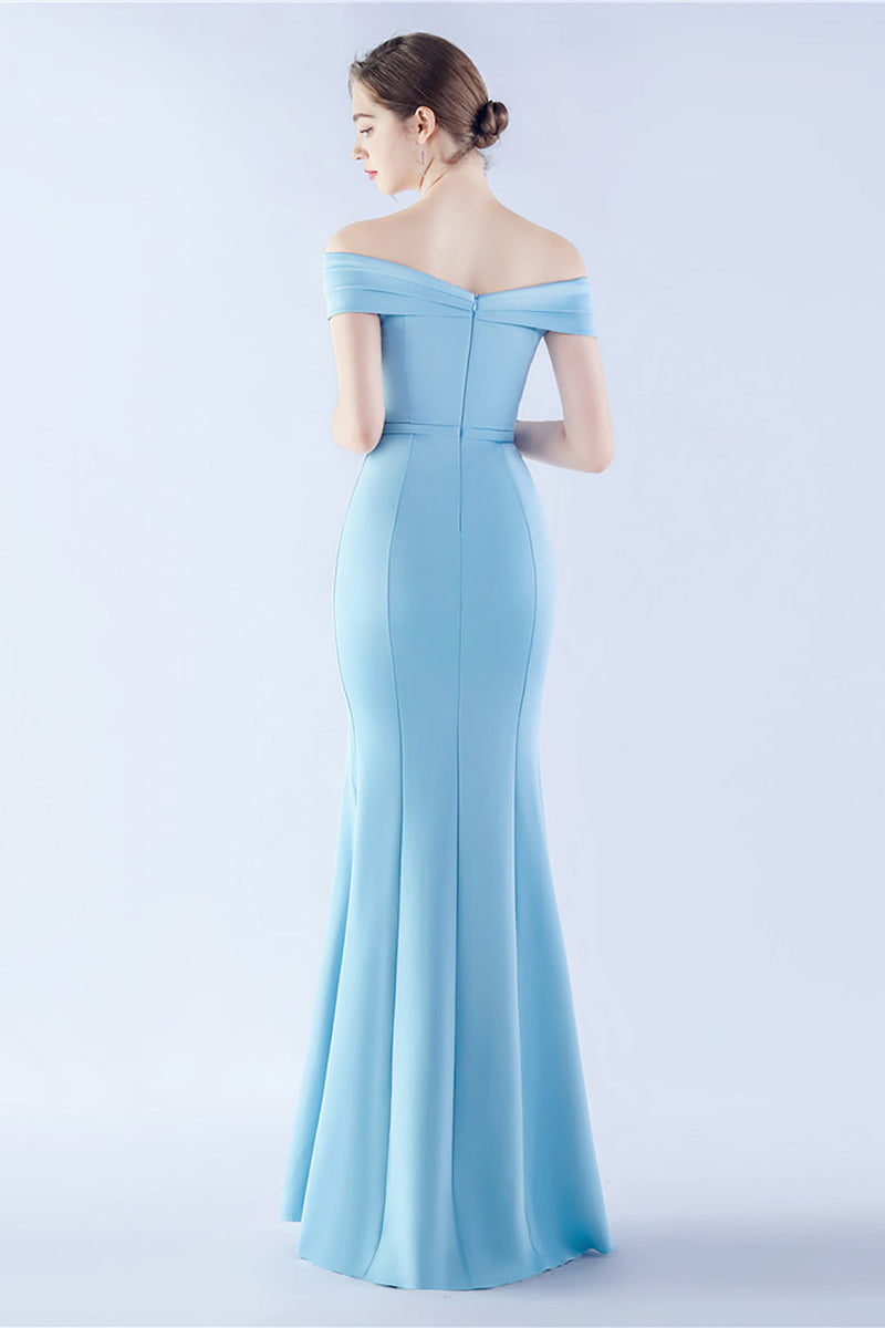 Load image into Gallery viewer, Navy Off the Shoulder Mermaid Crepe Formal Dress with Slit