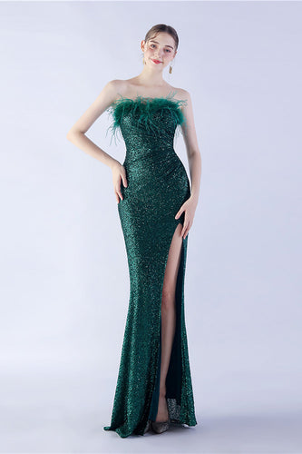 Dark Green Strapless Sequin Sheath Formal Dress with Feather