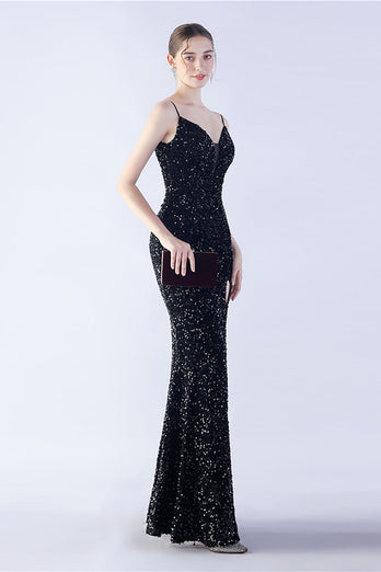 Glitter Mermaid Spaghetti Straps Beaded Symphony Black Formal Dress With Side Slit