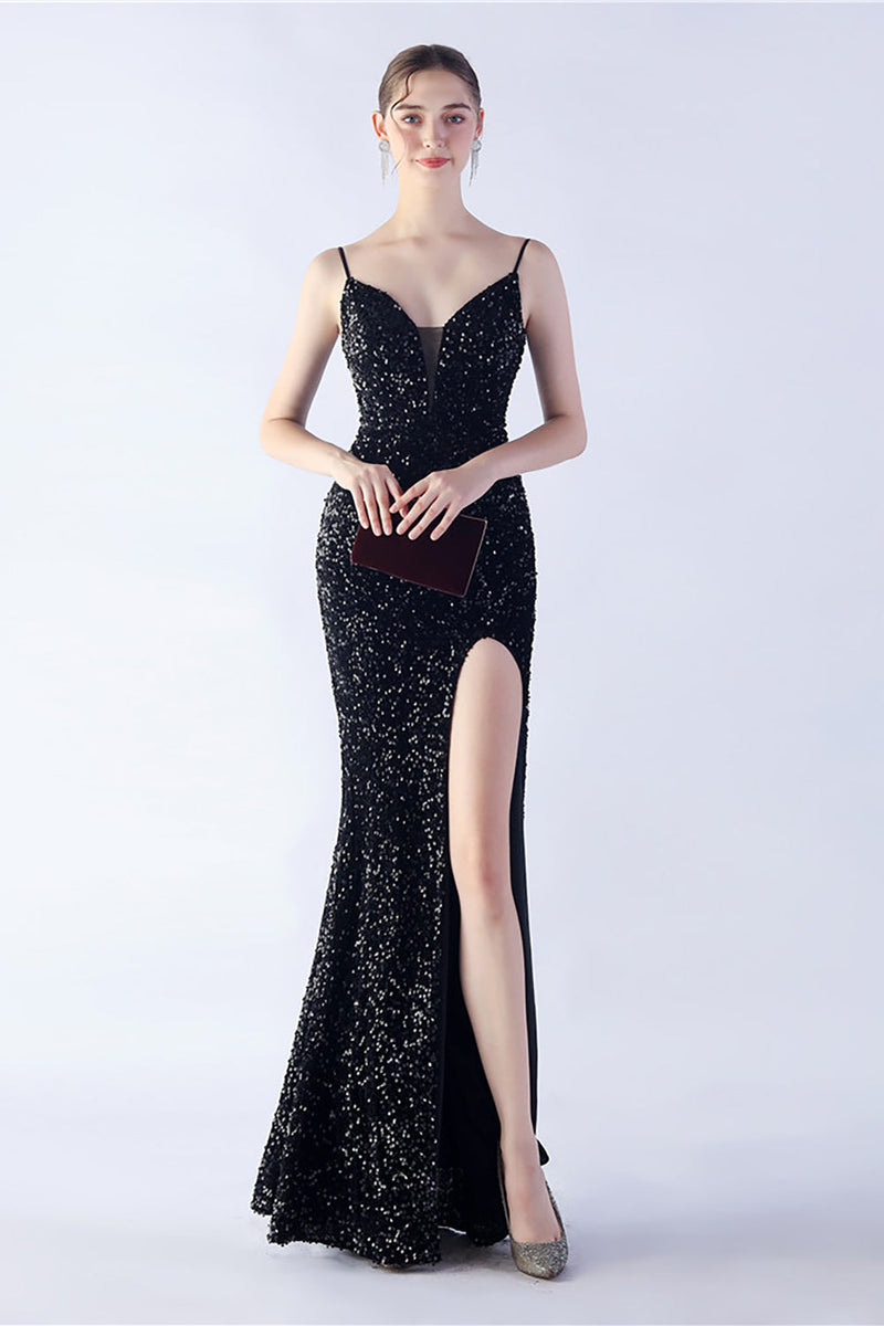 Load image into Gallery viewer, Glitter Mermaid Spaghetti Straps Beaded Symphony Black Formal Dress With Side Slit