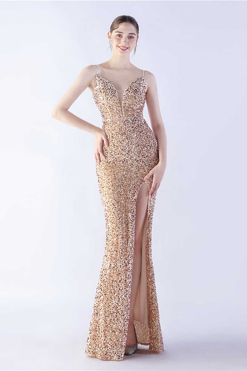 Load image into Gallery viewer, Glitter Mermaid Spaghetti Straps Beaded Symphony Black Formal Dress With Side Slit