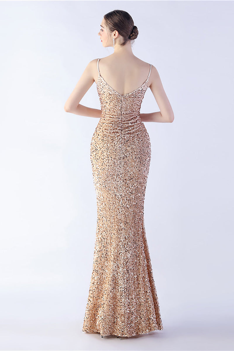 Load image into Gallery viewer, Glitter Mermaid Spaghetti Straps Beaded Symphony Black Formal Dress With Side Slit