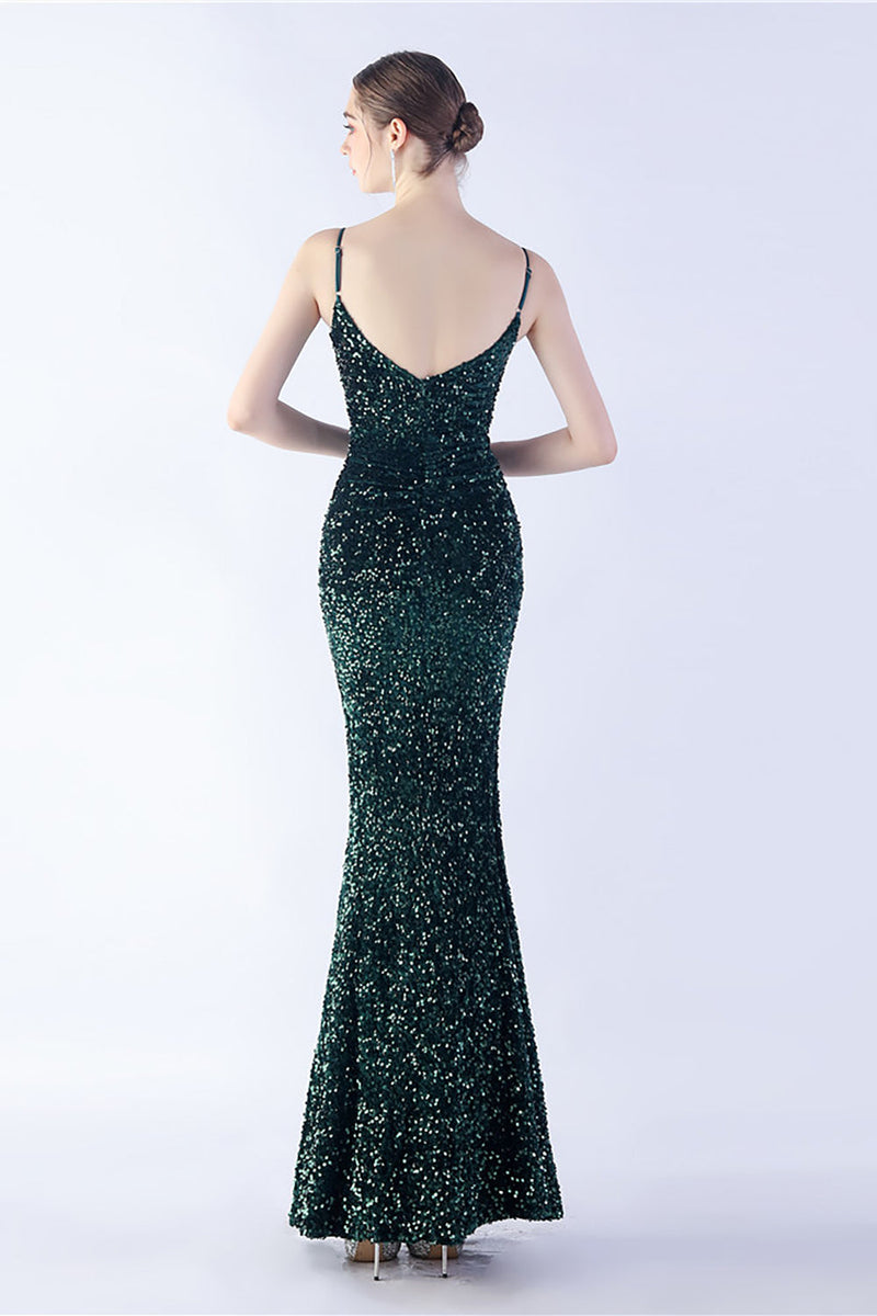 Load image into Gallery viewer, Glitter Mermaid Spaghetti Straps Beaded Symphony Black Formal Dress With Side Slit