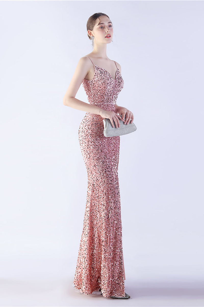 Load image into Gallery viewer, Glitter Mermaid Spaghetti Straps Beaded Symphony Black Formal Dress With Side Slit