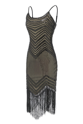 Spaghetti Straps Black Apricot 1920s Dress