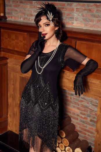 Queendancer Women Black 1920s Dress Luxurious Sequined Beaded Fringe ...
