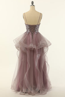 Purple Grey Tulle Spaghetti Straps Long Prom Dress with Appliques