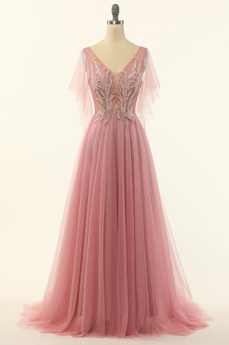 V Neck Blush Beading Tulle A-line Prom Dress