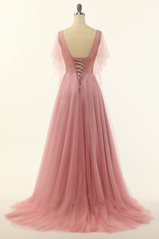 V Neck Blush Beading Tulle A-line Prom Dress