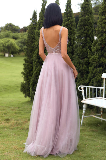 Deep V Neck Sparkly Blush Tulle Sequins Long Prom Dress