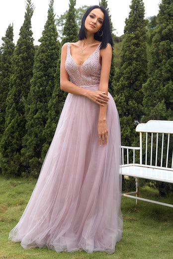 Deep V Neck Sparkly Blush Tulle Sequins Long Prom Dress