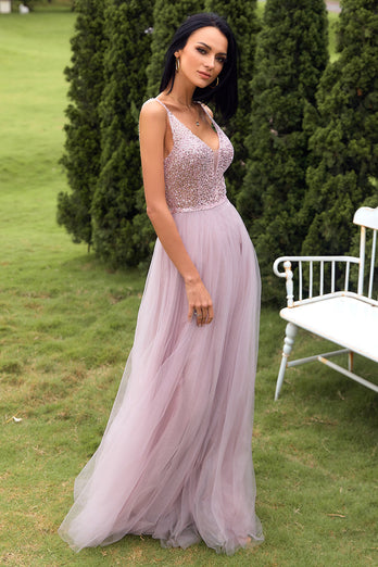 Deep V Neck Sparkly Blush Tulle Sequins Long Prom Dress