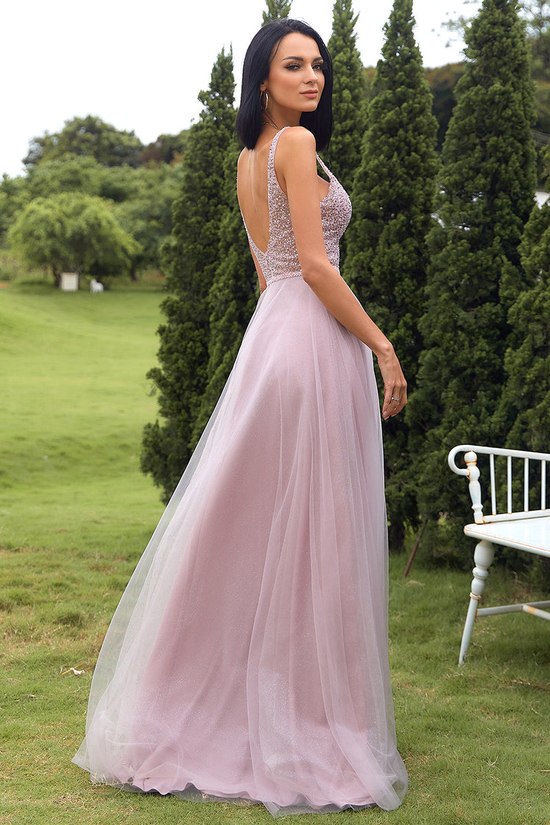 Load image into Gallery viewer, Deep V Neck Sparkly Blush Tulle Sequins Long Prom Dress