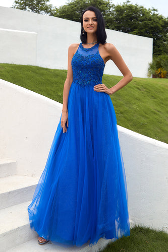 Tulle Royal Blue Halter Long Prom Dress with Appliques