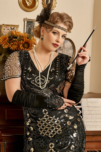 Black Golden Beaded Sequins 1920s Plus Size Dress