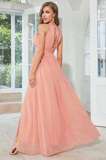 Orange Chiffon Halter Bridesmaid Dress with Slit