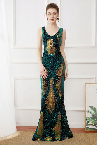 Dark Green Sequins Sheath Long 1920s Dress