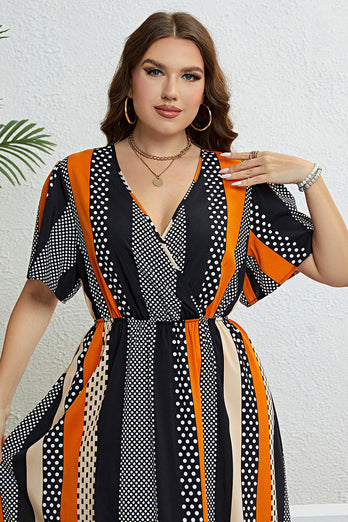 Plus Size V Neck Black Summer Dress With Short Sleeves