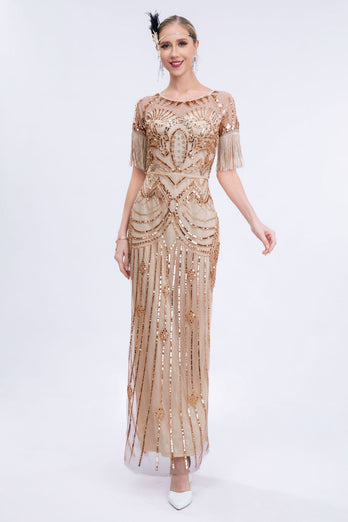 Champagne Beaded Long Gatsby Fringed Flapper Dress