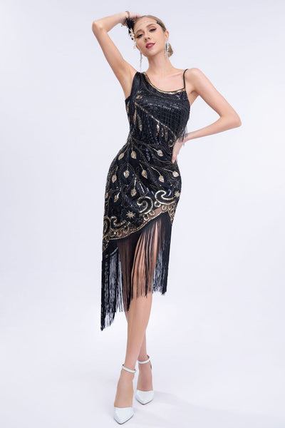 Black Beaded Roaring 20s Gatsby Fringed Flapper Dress