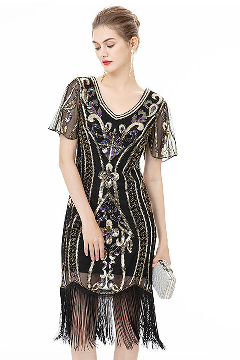 Load image into Gallery viewer, Black Fringes Sparkly 1920s Dress with Short Sleeves