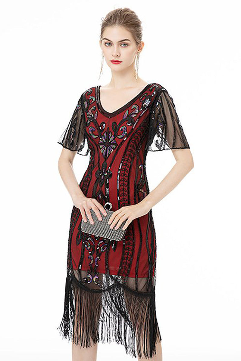 Load image into Gallery viewer, Black Fringes Sparkly 1920s Dress with Short Sleeves