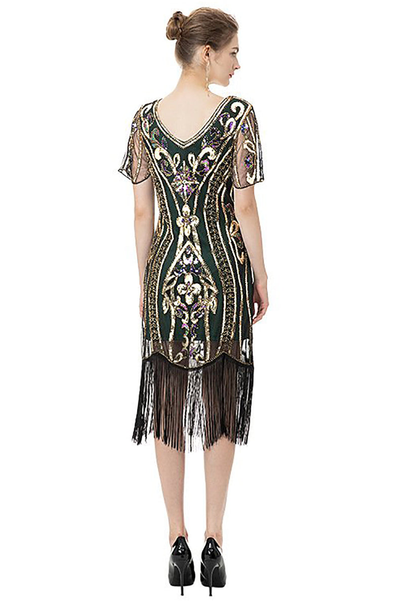 Load image into Gallery viewer, Black Fringes Sparkly 1920s Dress with Short Sleeves